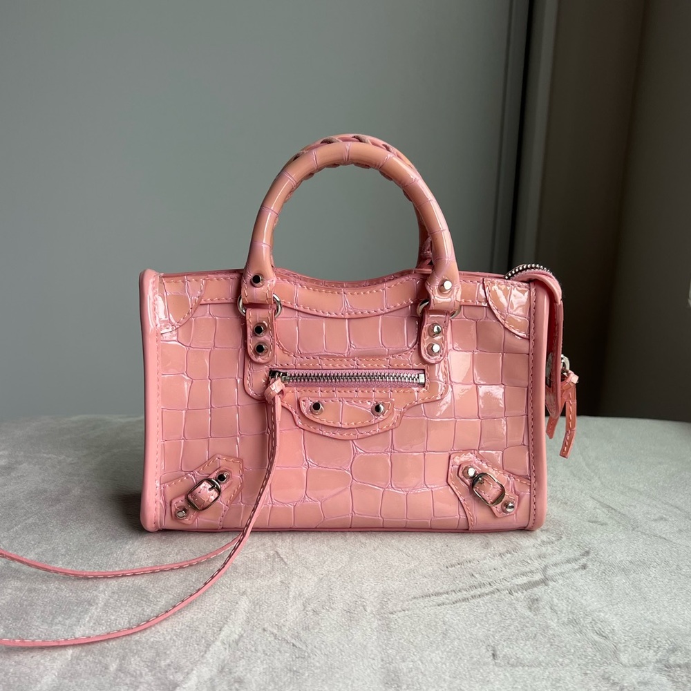 BALENCIAGA Patent Crocodile Silver Hardware Nano City Light Pink Tags included!